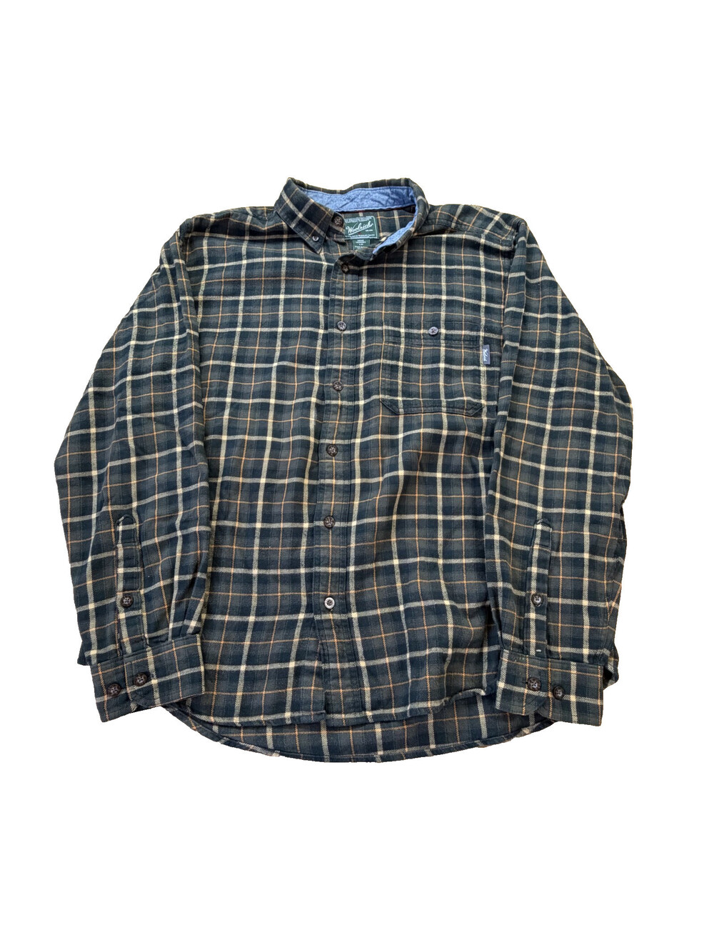 Y2K Woolrich Cabincore Plaid Flannel Shirt Chambray Trim Button Down Large
